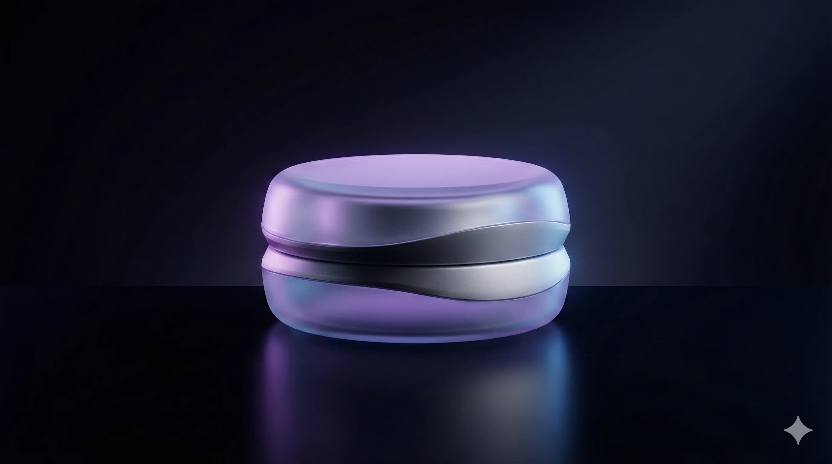 3D product render of a futuristic device on a reflective surface with studio lighting.