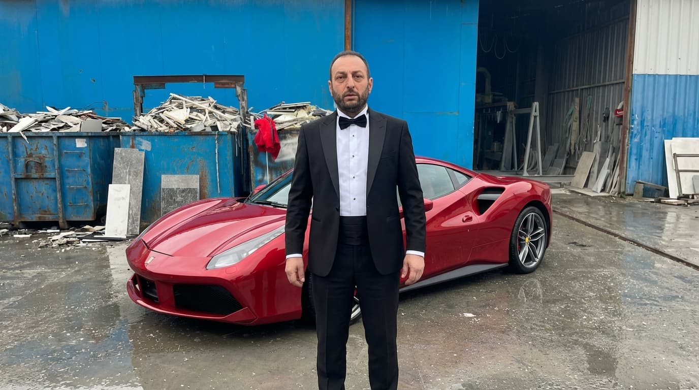 Without altering my facial features or body proportions in any way, place a red Ferrari behind me. Dress me in a classic, elegant black tuxedo. Ensure the edit looks realistic and seamlessly integrated.