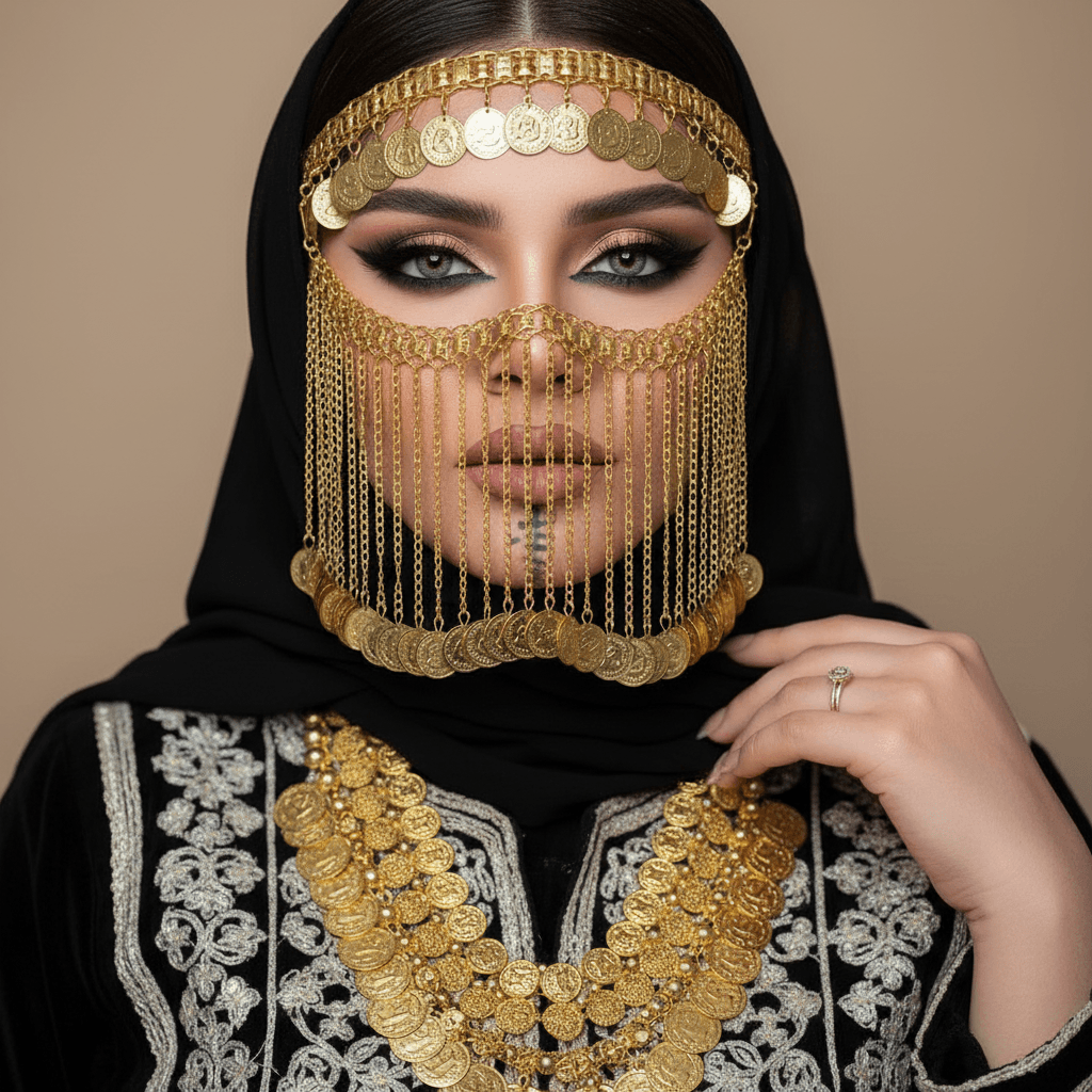 عدّل على صورتي في لقطة قريبة (Portrait) بملامح وجه واضحة وعيون ملوّنة محددة، بمكياج “سموكي” بارز. ترتدي غطاء رأس أسود (حجاب) وارتدي ثوبًا داكنًا مزينًا بتطريز أو زخارف فاتحة اللون عند منطقة الصدر. ترتدي “برقع” أو لثامًا ذهبيًا لافتًا يتكون من عملات معدنية وسلاسل متدلية تغطي منطقة الأنف والخدين، بالإضافة إلى قطعة ذهبية مماثلة تزين الجبهة. كما تظهر يدها وهي ترتدي خاتمًا رقيقًا، كما ترتدي عقدًا ذهبيًا ضخمًا يتكون من عدة طبقات من القطع النقدية الذهبية الكبيرة، ما يشير إلى الثراء أو الزي التقليدي. يوجد أيضًا وشم أو رسم بالحناء أو “دق الوشم” أسفل الشفة السفلية. تعتمد الصورة على تباين قوي بين اللون الأسود للملابس واللون الذهبي البراق للإكسسوارات، مع خلفية حيادية بلون “البيج” الهادئ لتسليط الضوء على تفاصيل الوجه والذهب. لا تعدل على ملامح وجهي أبدًا وبدقة 4K.