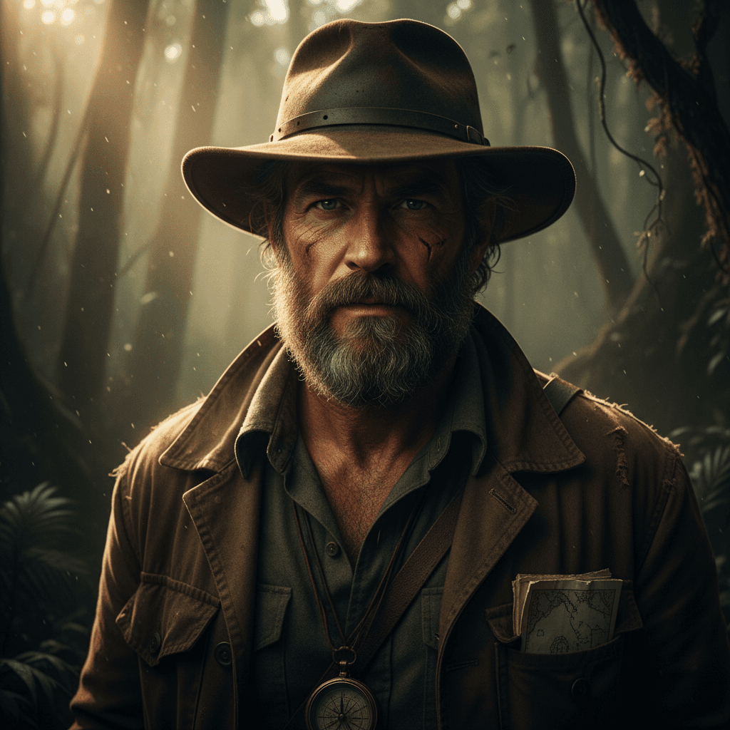 Cinematic portrait of a fearless explorer, rim lighting, ultra-detailed, 85mm lens, shallow depth of field, moody shadows