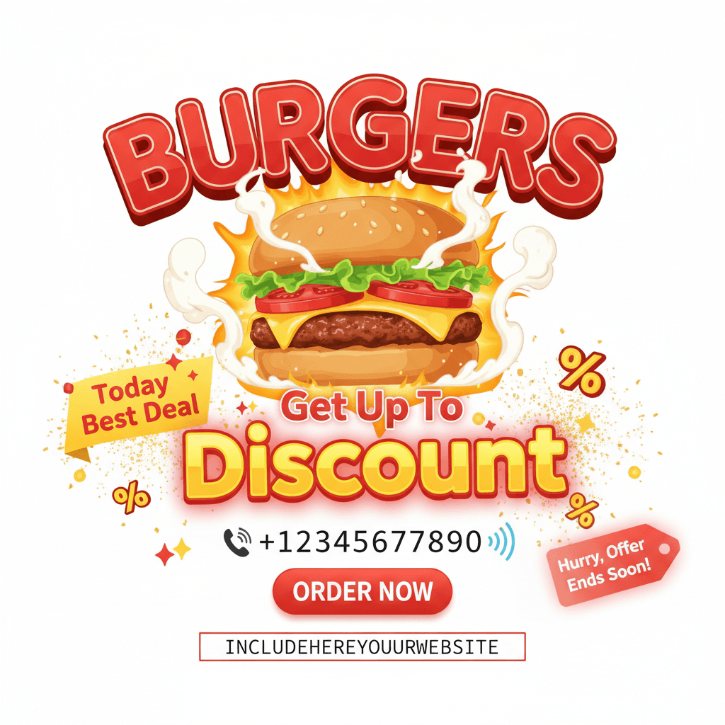 Bright, energetic, modern fast-food advertising style. Clean vectors, bold text, vibrant colors (reds, yellows, whites), with mouth-watering food visuals.
Scene Breakdown:
Opening Shot:
“BURGERS” text pops in from the center with a juicy, glossy effect.
Behind it, a sizzling burger animation with steam rising.
Deal Reveal:
“Today Best Deal” slides in from the left with a bouncing effect.
A burst of confetti or sparkles around it.
Discount Highlight:
“Get Up To” appears, then “Discount” zooms in with a glowing, pulsing effect.
Percentage signs or discount tags animate around it.
Contact & CTA:
Phone number “+12345677890” dials in digit by digit with a ringing sound effect.
“ORDER NOW” button pulses gently, inviting clicks.
Website Footer:
“INCLUDEHEREYOURWEBSITE” types out at the bottom, like a URL being entered.
Closing:
Burger rotates slowly, ingredients layer in one by one (bun, patty, cheese, lettuce, tomato).
Final frame: All elements arranged neatly with a “Hurry, Offer Ends Soon!” tag fading in.
Motion & Sound:
Smooth transitions, subtle bounces, and quick zooms.
Upbeat, catchy background track with mouth-watering sizzle sounds and cheerful notification chimes.