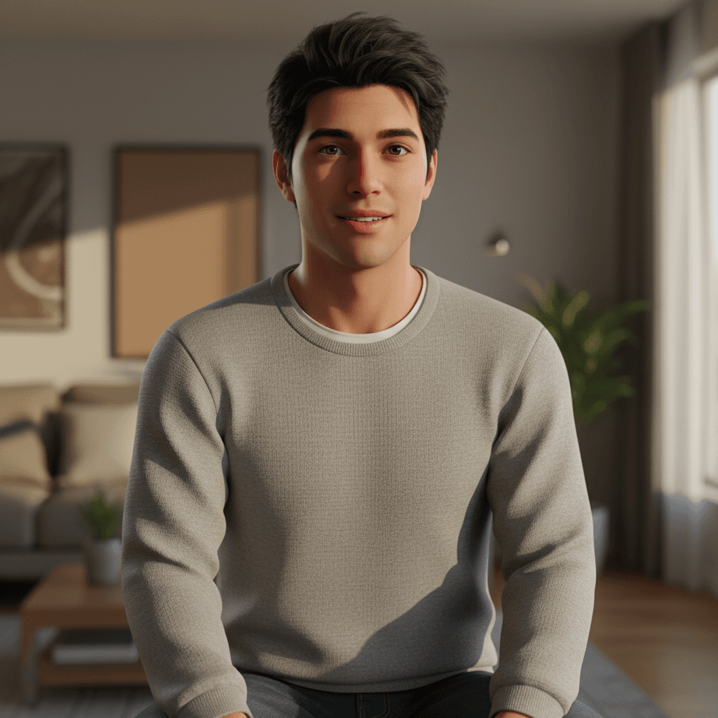A realistic portrait of a young man, warm skin, expressive eyes, short black hair, casual contemporary clothing, soft natural light, professional photography style, crisp details, 8K resolution