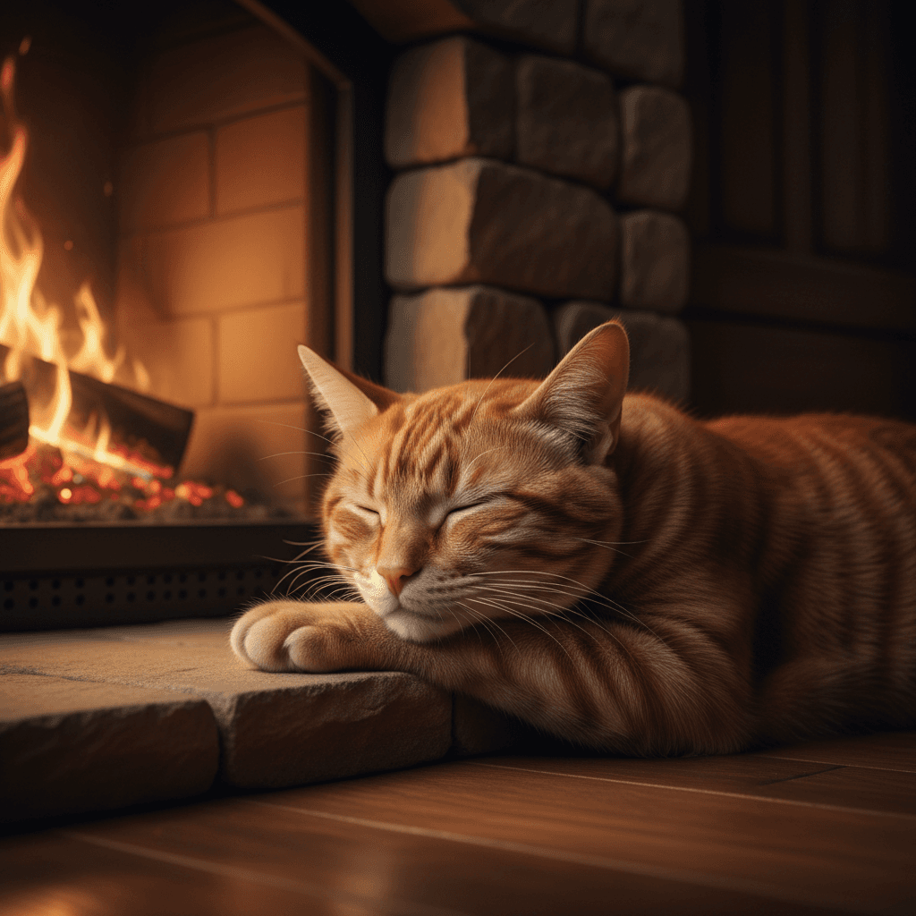 mid-distance. A calm, ultra-realistic video of an adult cat sleeping deeply beside a softly crackling fireplace at night, in a warm and cozy interior. The camera framing is intimate but not extreme — close enough to clearly see the cat’s face, whiskers, closed eyes, and gentle breathing, while still including part of the fireplace in the background. The cat’s head rests naturally on its paws. The cat’s fur is extremely detailed and photorealistic, with visible individual hairs, subtle micro-movements, and a slow, natural rise and fall of the chest from breathing. No sudden motion. Soft, warm firelight illuminates the scene, creating gentle highlights and shadows across the fur. The lighting flickers very slowly and naturally, with no harsh flashes or brightness changes. The fireplace produces steady, realistic crackling embers and a calm flame. No sparks, no abrupt changes. The environment feels safe, intimate, peaceful, and comforting — warm wooden textures, soft shadows, low ambient light, and a tranquil nighttime atmosphere. The camera is completely static and locked off — no zoom, no pan, no shake, no focus breathing, no camera movement of any kind. Ultra-high resolution 4K cinematic realism, natural depth of field, soft focus falloff, realistic lighting physics. Designed specifically for deep relaxation, anxiety relief, nervous system regulation, meditation, and sleep. Seamless loop friendly: no sudden movements, no scene changes, no transitions, consistent lighting and composition throughout.
