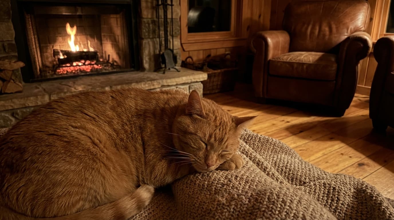 mid-distance A calm, ultra-realistic video of an adult cat sleeping deeply beside a softly crackling fireplace at night, in a warm and cozy interior. The camera framing is intimate but not extreme — close enough to clearly see the cat’s face, whiskers, closed eyes, and gentle breathing, while still including part of the fireplace in the background. The cat’s head rests naturally on its paws. The cat’s fur is extremely detailed and photorealistic, with visible individual hairs, subtle micro-movements, and a slow, natural rise and fall of the chest from breathing. No sudden motion. Soft, warm firelight illuminates the scene, creating gentle highlights and shadows across the fur. The lighting flickers very slowly and naturally, with no harsh flashes or brightness changes. The fireplace produces steady, realistic crackling embers and a calm flame. No sparks, no abrupt changes. The environment feels safe, intimate, peaceful, and comforting — warm wooden textures, soft shadows, low ambient light, and a tranquil nighttime atmosphere. The camera is completely static and locked off — no zoom, no pan, no shake, no focus breathing, no camera movement of any kind. Ultra-high resolution 4K cinematic realism, natural depth of field, soft focus falloff, realistic lighting physics. Designed specifically for deep relaxation, anxiety relief, nervous system regulation, meditation, and sleep. Seamless loop friendly: no sudden movements, no scene changes, no transitions, consistent lighting and composition throughout.