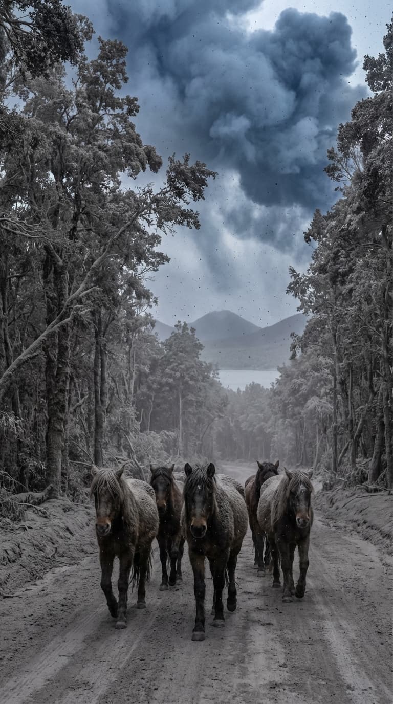 Vertical composition, 9:16, portrait format.
A group of 5 or 6 horses walking along a dirt path, with a forest growing on both sides of the road.
The horses are on the foreground, walking towards the camera, positioned in the middle of the scene.
The background shows small mountains in the distance and a lake further behind.
The entire scene is covered in volcanic ash.
The dirt road is completely covered with ash, and the trees are nearly completely covered in ash — the tops of the trees are coated with it.
The sky is filled with thick volcanic smoke clouds, in dark gray and dark blue tones.
Ash falls from the sky and covers everything, including the horses. The ash is gray in color, with the entire scene enveloped in this thick, gray ash.
Maximum realism, ultra-realistic textures on the horses, trees, ground, sky, and ash.
Photorealistic lighting and textures, creating a dramatic and apocalyptic atmosphere. Cinematic realism.